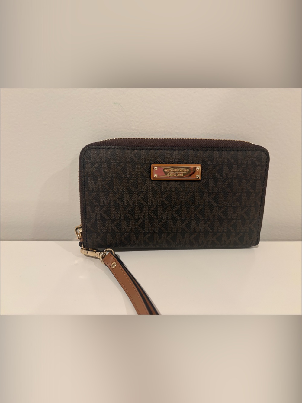 Michael Kors Dark Brown Signature Zip Wristlet with Tan Strap